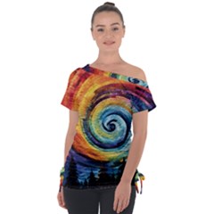 Cosmic Rainbow Quilt Artistic Swirl Spiral Forest Silhouette Fantasy Off Shoulder Tie-up T-shirt