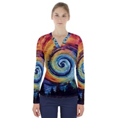 Cosmic Rainbow Quilt Artistic Swirl Spiral Forest Silhouette Fantasy V-neck Long Sleeve Top