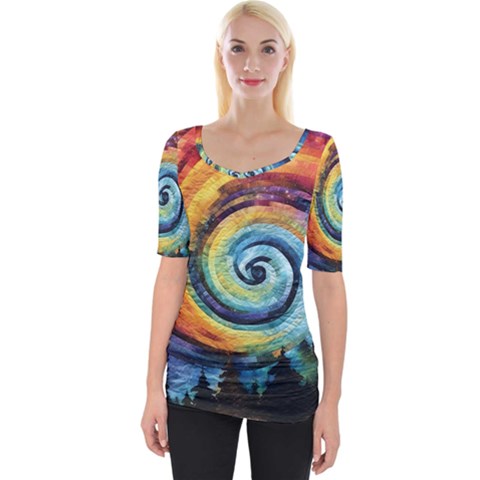 Cosmic Rainbow Quilt Artistic Swirl Spiral Forest Silhouette Fantasy Wide Neckline T-shirt by Maspions