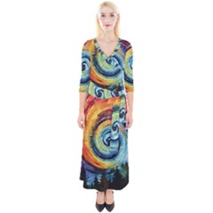 Cosmic Rainbow Quilt Artistic Swirl Spiral Forest Silhouette Fantasy Quarter Sleeve Wrap Maxi Dress