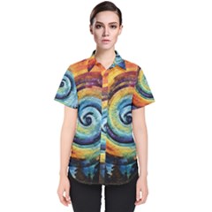 Cosmic Rainbow Quilt Artistic Swirl Spiral Forest Silhouette Fantasy Women s Short Sleeve Shirt