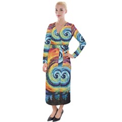 Cosmic Rainbow Quilt Artistic Swirl Spiral Forest Silhouette Fantasy Velvet Maxi Wrap Dress by Maspions