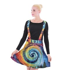 Cosmic Rainbow Quilt Artistic Swirl Spiral Forest Silhouette Fantasy Suspender Skater Skirt