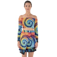 Cosmic Rainbow Quilt Artistic Swirl Spiral Forest Silhouette Fantasy Off Shoulder Top With Skirt Set