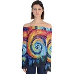 Cosmic Rainbow Quilt Artistic Swirl Spiral Forest Silhouette Fantasy Off Shoulder Long Sleeve Top by Maspions