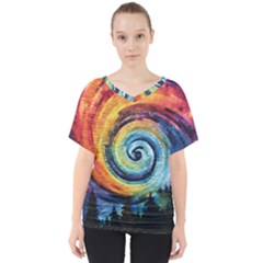 Cosmic Rainbow Quilt Artistic Swirl Spiral Forest Silhouette Fantasy V-neck Dolman Drape Top