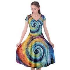 Cosmic Rainbow Quilt Artistic Swirl Spiral Forest Silhouette Fantasy Cap Sleeve Wrap Front Dress