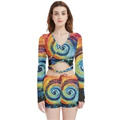 Cosmic Rainbow Quilt Artistic Swirl Spiral Forest Silhouette Fantasy Velvet Wrap Crop Top And Shorts Set