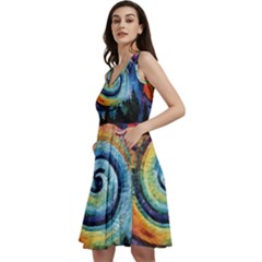 Cosmic Rainbow Quilt Artistic Swirl Spiral Forest Silhouette Fantasy Sleeveless V-neck Skater Dress With Pockets