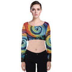 Cosmic Rainbow Quilt Artistic Swirl Spiral Forest Silhouette Fantasy Velvet Long Sleeve Crop Top by Maspions