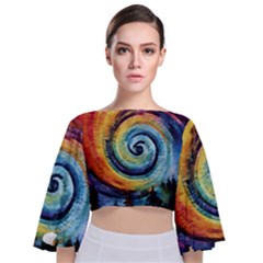 Cosmic Rainbow Quilt Artistic Swirl Spiral Forest Silhouette Fantasy Tie Back Butterfly Sleeve Chiffon Top