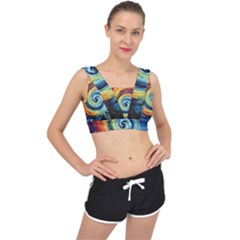 Cosmic Rainbow Quilt Artistic Swirl Spiral Forest Silhouette Fantasy V-back Sports Bra