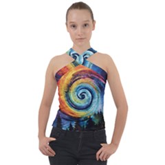 Cosmic Rainbow Quilt Artistic Swirl Spiral Forest Silhouette Fantasy Cross Neck Velour Top