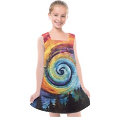 Cosmic Rainbow Quilt Artistic Swirl Spiral Forest Silhouette Fantasy Kids  Cross Back Dress