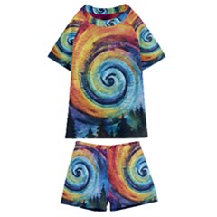 Cosmic Rainbow Quilt Artistic Swirl Spiral Forest Silhouette Fantasy Kids  Swim T-shirt And Shorts Set