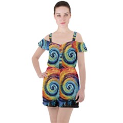 Cosmic Rainbow Quilt Artistic Swirl Spiral Forest Silhouette Fantasy Ruffle Cut Out Chiffon Playsuit by Maspions