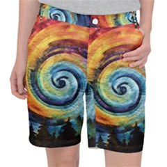 Cosmic Rainbow Quilt Artistic Swirl Spiral Forest Silhouette Fantasy Women s Pocket Shorts