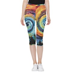 Cosmic Rainbow Quilt Artistic Swirl Spiral Forest Silhouette Fantasy Inside Out Lightweight Velour Capri Leggings  by Maspions