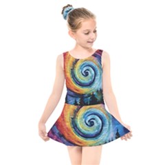 Cosmic Rainbow Quilt Artistic Swirl Spiral Forest Silhouette Fantasy Kids  Skater Dress Swimsuit