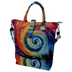 Cosmic Rainbow Quilt Artistic Swirl Spiral Forest Silhouette Fantasy Buckle Top Tote Bag by Maspions