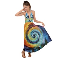 Cosmic Rainbow Quilt Artistic Swirl Spiral Forest Silhouette Fantasy Backless Maxi Beach Dress