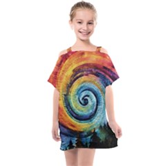 Cosmic Rainbow Quilt Artistic Swirl Spiral Forest Silhouette Fantasy Kids  One Piece Chiffon Dress