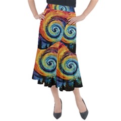 Cosmic Rainbow Quilt Artistic Swirl Spiral Forest Silhouette Fantasy Midi Mermaid Skirt by Maspions