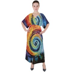 Cosmic Rainbow Quilt Artistic Swirl Spiral Forest Silhouette Fantasy V-neck Boho Style Maxi Dress