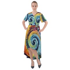 Cosmic Rainbow Quilt Artistic Swirl Spiral Forest Silhouette Fantasy Front Wrap High Low Dress