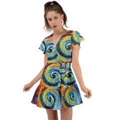 Cosmic Rainbow Quilt Artistic Swirl Spiral Forest Silhouette Fantasy Flutter Sleeve Wrap Dress