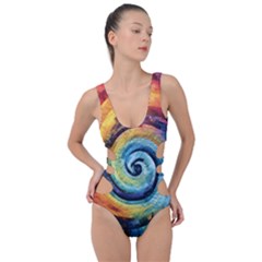 Cosmic Rainbow Quilt Artistic Swirl Spiral Forest Silhouette Fantasy Side Cut Out Swimsuit