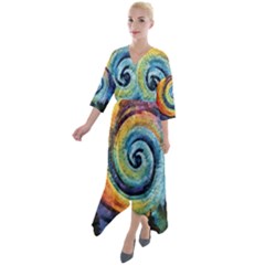 Cosmic Rainbow Quilt Artistic Swirl Spiral Forest Silhouette Fantasy Quarter Sleeve Wrap Front Maxi Dress