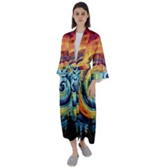 Cosmic Rainbow Quilt Artistic Swirl Spiral Forest Silhouette Fantasy Maxi Satin Kimono