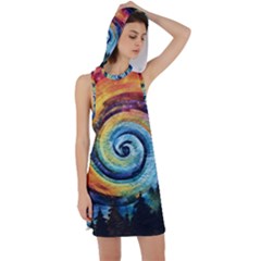 Cosmic Rainbow Quilt Artistic Swirl Spiral Forest Silhouette Fantasy Racer Back Hoodie Dress