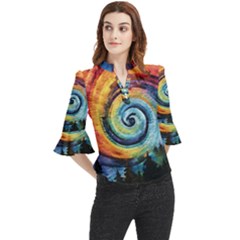 Cosmic Rainbow Quilt Artistic Swirl Spiral Forest Silhouette Fantasy Loose Horn Sleeve Chiffon Blouse