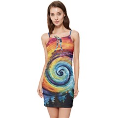 Cosmic Rainbow Quilt Artistic Swirl Spiral Forest Silhouette Fantasy Summer Tie Front Dress