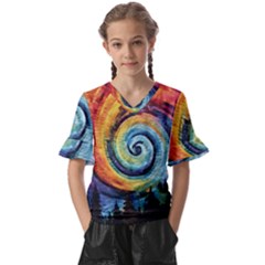 Cosmic Rainbow Quilt Artistic Swirl Spiral Forest Silhouette Fantasy Kids  V-neck Horn Sleeve Blouse