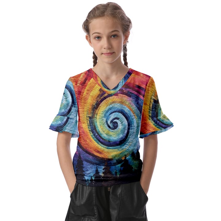 Cosmic Rainbow Quilt Artistic Swirl Spiral Forest Silhouette Fantasy Kids  V-Neck Horn Sleeve Blouse