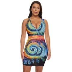 Cosmic Rainbow Quilt Artistic Swirl Spiral Forest Silhouette Fantasy Draped Bodycon Dress