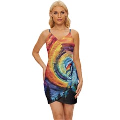 Cosmic Rainbow Quilt Artistic Swirl Spiral Forest Silhouette Fantasy Wrap Tie Front Dress by Maspions