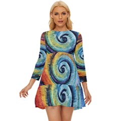 Cosmic Rainbow Quilt Artistic Swirl Spiral Forest Silhouette Fantasy Long Sleeve Babydoll Dress by Maspions