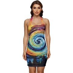 Cosmic Rainbow Quilt Artistic Swirl Spiral Forest Silhouette Fantasy Sleeveless Wide Square Neckline Ruched Bodycon Dress