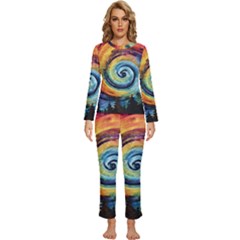 Cosmic Rainbow Quilt Artistic Swirl Spiral Forest Silhouette Fantasy Womens  Long Sleeve Lightweight Pajamas Set by Maspions