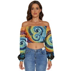 Cosmic Rainbow Quilt Artistic Swirl Spiral Forest Silhouette Fantasy Long Sleeve Crinkled Weave Crop Top