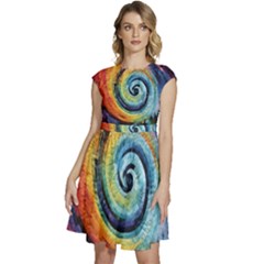 Cosmic Rainbow Quilt Artistic Swirl Spiral Forest Silhouette Fantasy Cap Sleeve High Waist Dress