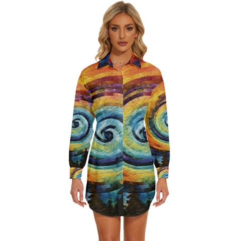 Cosmic Rainbow Quilt Artistic Swirl Spiral Forest Silhouette Fantasy Womens Long Sleeve Shirt Dress by Maspions