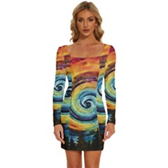 Cosmic Rainbow Quilt Artistic Swirl Spiral Forest Silhouette Fantasy Long Sleeve Square Neck Bodycon Velvet Dress