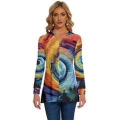 Cosmic Rainbow Quilt Artistic Swirl Spiral Forest Silhouette Fantasy Long Sleeve Drawstring Hooded Top