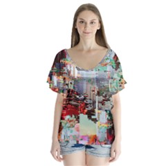 Digital Computer Technology Office Information Modern Media Web Connection Art Creatively Colorful C V-neck Flutter Sleeve Top