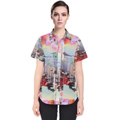 Digital Computer Technology Office Information Modern Media Web Connection Art Creatively Colorful C Women s Short Sleeve Shirt